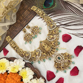 Vriksham Traditional AD Stone Lakshmi With Peacock Bridal Neckpiece-Aqua Bead-G19103