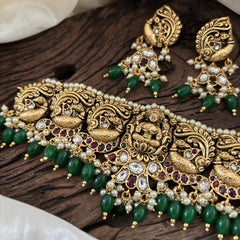 Premium AD Stone Lakshmi High Neck Choker -Red White-Green Bead -G10594