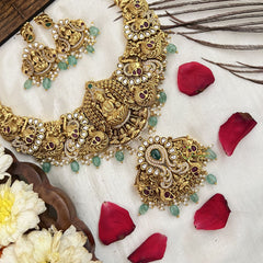 Vriksham Traditional AD Stone Lakshmi With Peacock Bridal Neckpiece-Aqua Bead-G19103