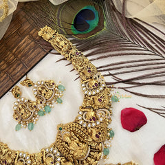 Vriksham Traditional AD Stone Lakshmi With Peacock Bridal Neckpiece-Aqua Bead-G19103