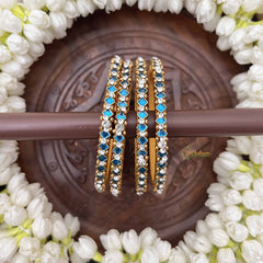 Vriksham Diagonal Style Dot Silk Thread Kundan Bangles-Blue White-G20828