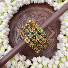 Vriksham Diagonal & Golden Touch Style Dot Silk Thread Kundan Bangles-Green-G20830