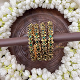 Vriksham Diagonal & Golden Touch Style Dot Silk Thread Kundan Bangles-Green-G20830