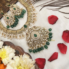 Vriksham Unique White Gold Plated Peacock Style Neckpiece-Green Bead-G19091