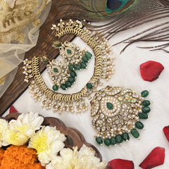 Vriksham Unique White Gold Plated Peacock Style Neckpiece-Green Bead-G19091