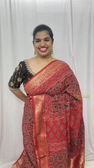 Vriksham Brick Red Ajrakh Dola Silk Saree-VS4372