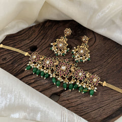 Premium AD Stone High Neck Choker -Red White-Green Bead -G10593