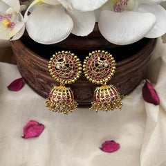 Vriksham Kemp Stone Peacock Jhumka-Red Green-Gold Bead-G18322