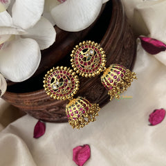 Vriksham Kemp Stone Peacock Jhumka-Red Green-Gold Bead-G18322