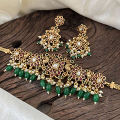 Premium AD Stone High Neck Choker -Red White-Green Bead -G10593