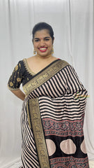 Vriksham Black & White Stripe Style Ajrakh Dola Silk Saree-VS4371