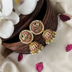 Vriksham Kemp Stone Peacock Jhumka-Red Green-Off White & Green Bead-G18321