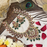 Vriksham Manga Style Short Neckpiece-Red, Green & White-Green Beads-G19083