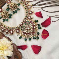 Vriksham Manga Style Short Neckpiece-Red, Green & White-Green Beads-G19083