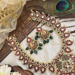 Vriksham Manga Style Short Neckpiece-Red, Green & White-Green Beads-G19083