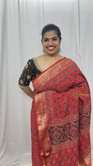 Vriksham Red Lotus Print Ajrakh Dola Silk Saree-VS4363