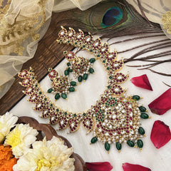 Vriksham Manga Style Short Neckpiece-Red, Green & White-Green Beads-G19083