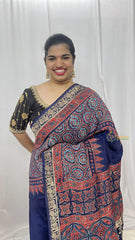 Vriksham Navy Blue Ajrakh Dola Silk Saree-VS4370