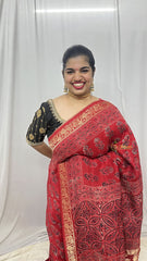 Vriksham Red With Tree Print Ajrakh Dola Silk Saree-VS4380