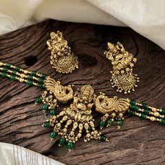 Green Bead Gold Look Alike Temple High Neck Choker-Ganesh Choker -G1044