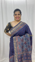 Vriksham Blue Ajrakh Dola Silk Saree-VS4379