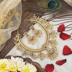 Vriksham Designer Half Moon With Floral Guttapusalu Short Neckpiece-Pearl-G19112