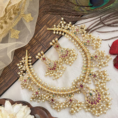 Vriksham Designer Half Moon With Floral Guttapusalu Short Neckpiece-Pearl-G19112