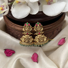 Vriksham Gold Look Alike Lakshmi Jhumka-Red Green-Pastel Green Bead-G18252