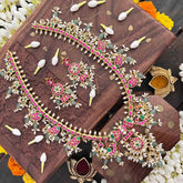 Vriksham Antique Floral Gold With Mango Motifs & Pearl Kundan Jadau Guttapusalu Long Neckpiece-Green Bead & Rice Pearls-J4107