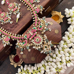 Vriksham Antique Floral Gold With Mango Motifs & Pearl Kundan Jadau Guttapusalu Long Neckpiece-Green Bead & Rice Pearls-J4107