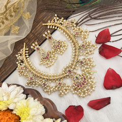 Vriksham Designer Half Moon With Floral Guttapusalu Short Neckpiece-Pearl-G19112