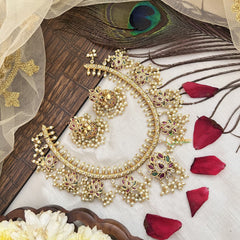 Vriksham Designer Lotus Style With Diya Shape Guttapusalu Short Neckpiece-Pearl-G19111