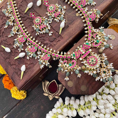 Vriksham Antique Floral Gold With Mango Motifs & Pearl Kundan Jadau Guttapusalu Long Neckpiece-Green Bead & Rice Pearls-J4107