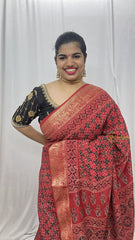 Vriksham Red Ajrakh Dola Silk Saree-VS4373