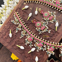 Vriksham Antique Floral Gold With Mango Motifs & Pearl Kundan Jadau Guttapusalu Long Neckpiece-Green Bead & Rice Pearls-J4107