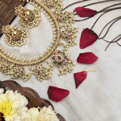 Vriksham Designer Lotus Style With Diya Shape Guttapusalu Short Neckpiece-Pearl-G19111