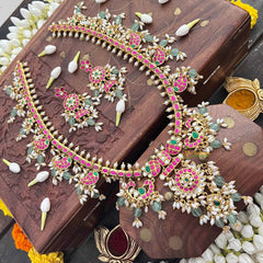 Vriksham Antique Floral Gold With Mango Motifs & Pearl Kundan Jadau Guttapusalu Long Neckpiece-Green Bead & Rice Pearls-J4107