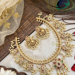 Vriksham Designer Lotus Style With Diya Shape Guttapusalu Short Neckpiece-Pearl-G19111