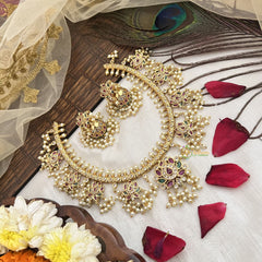 Vriksham Designer Lotus Style With Diya Shape Guttapusalu Short Neckpiece-Pearl-G19111