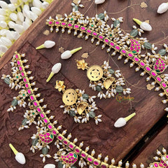 Vriksham Antique Floral Gold With Mango Motifs & Pearl Kundan Jadau Guttapusalu Long Neckpiece-Green Bead & Rice Pearls-J4107