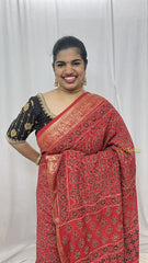 Vriksham Red With Floral Print Ajrakh Dola Silk Saree-VS4377