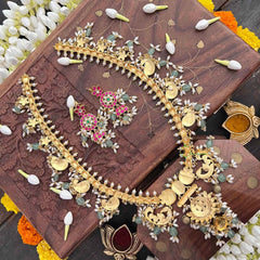 Vriksham Antique Floral Gold With Mango Motifs & Pearl Kundan Jadau Guttapusalu Long Neckpiece-Green Bead & Rice Pearls-J4107