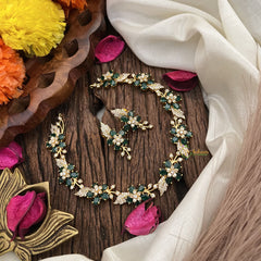 Vriksham Antique Floral AD Stone Short Neckpiece-Green-G17935