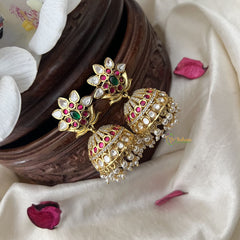 Vriksham Fancy AD Stone Designer Jhumkas-Red White Green-G12027