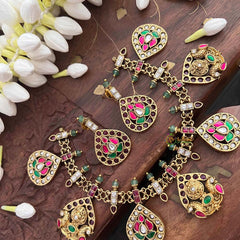 Vriksham Classic Pear Drop Style Guttapusalu Choker Short Neckpiece-Red Green & White-G21537