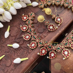 Vriksham Elegant Manga Reversible Kundan Jadau Short Neckpiece-Red Green & White-Green Bead-J4118