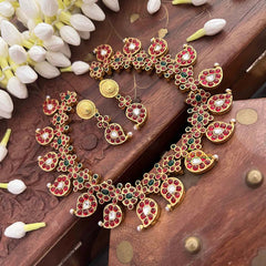 Vriksham Elegant Manga Reversible Kundan Jadau Short Neckpiece-Red Green & White-Green Bead-J4118