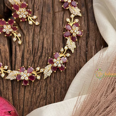 Vriksham Antique Floral AD Stone Short Neckpiece-Red-G17934