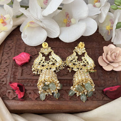 Vriksham Unique Dual Peacock Jhumka-White-Pastel Green Bead-G18274