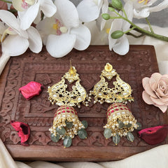 Vriksham Unique Dual Peacock Jhumka-Red Green-Pastel Green Bead-G18275